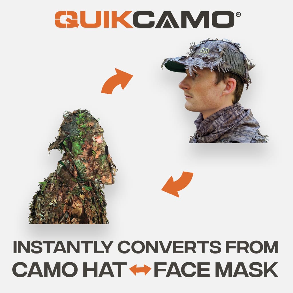 2-in-1 Leafy Camo Hat with Built-in Face Mask (MOSSY OAK & REALTREE Camo, Rear Model) by QuikCamo