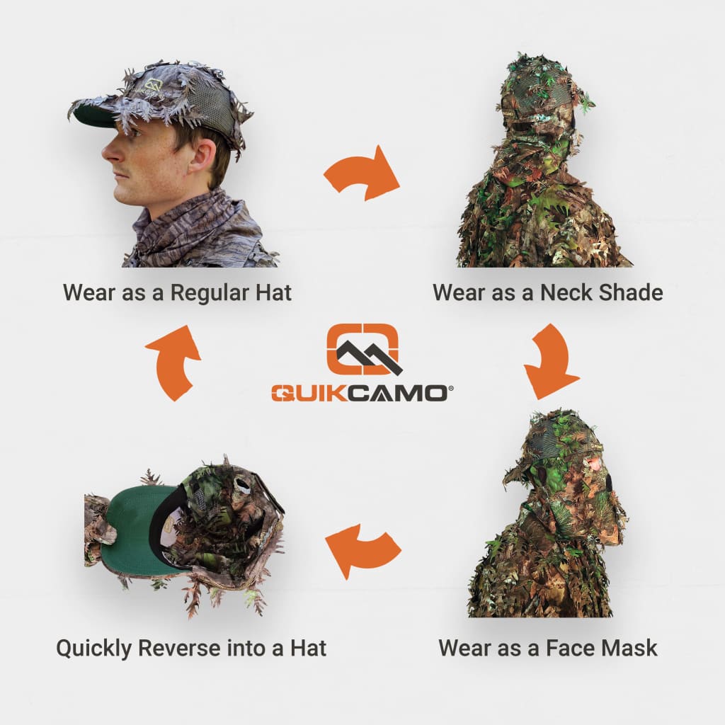 2-in-1 Leafy Camo Hat with Built-in Face Mask (MOSSY OAK & REALTREE Camo, Rear Model) by QuikCamo