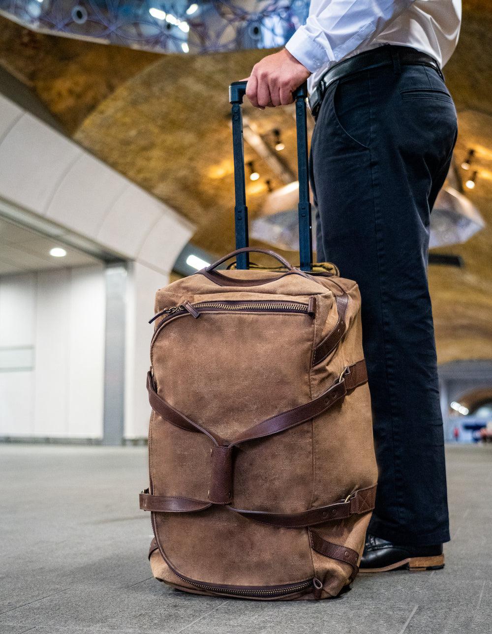 Campaign Waxed Canvas Rolling Carry-On Duffle Bag by Mission Mercantile Leather Goods