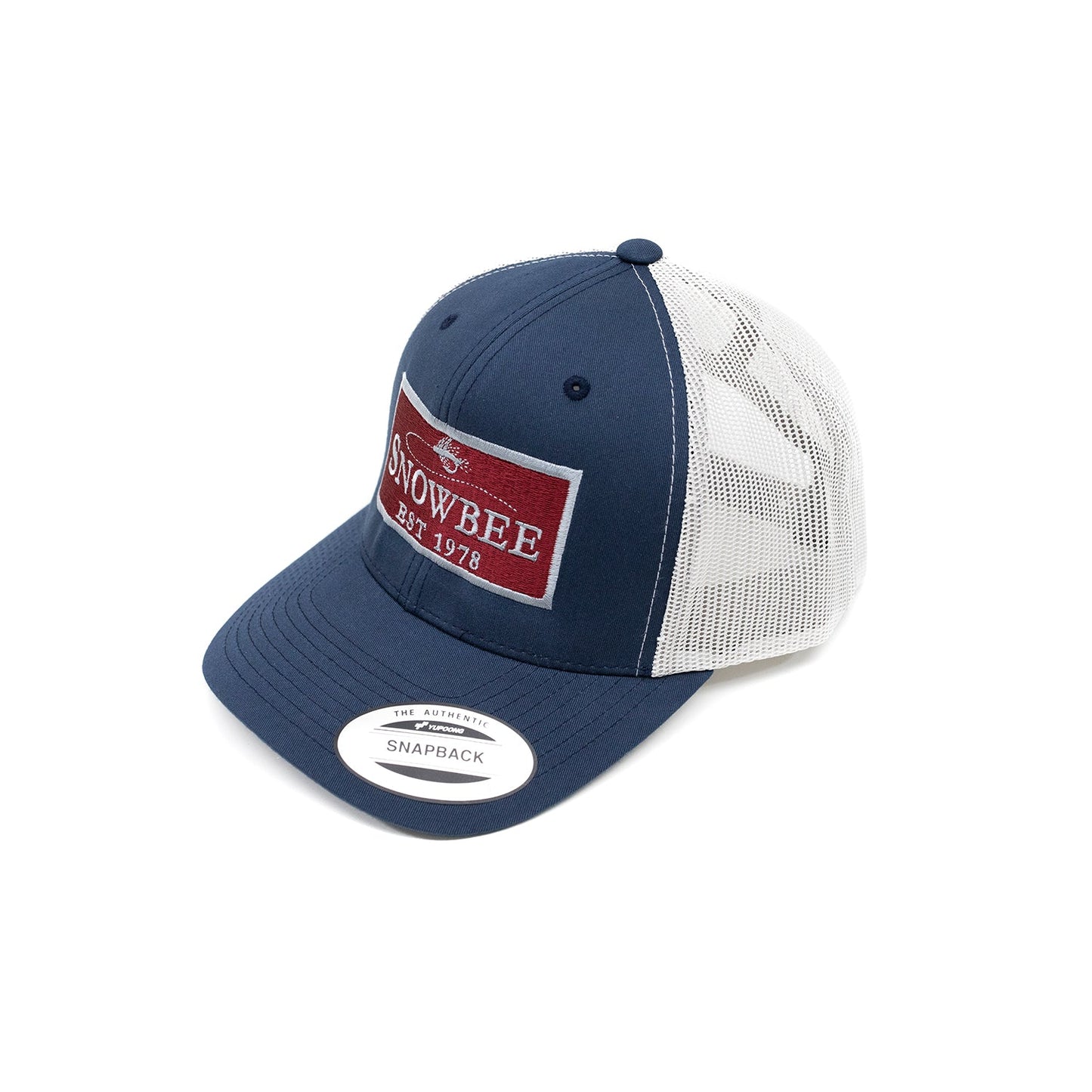 Silver/Blue Fly Badge Retro Trucker Hat by Snowbee USA
