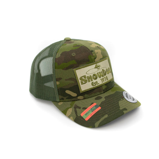 Multicam Green Fly Badge Retro Trucker Hat by Snowbee USA