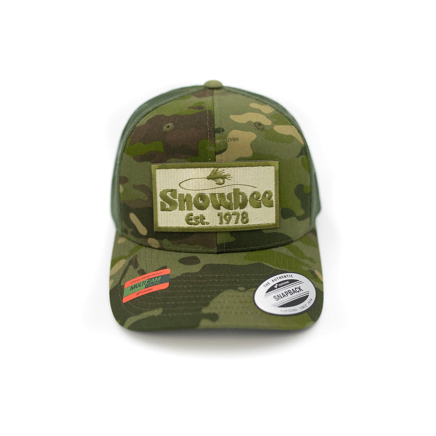 Multicam Green Fly Badge Retro Trucker Hat by Snowbee USA