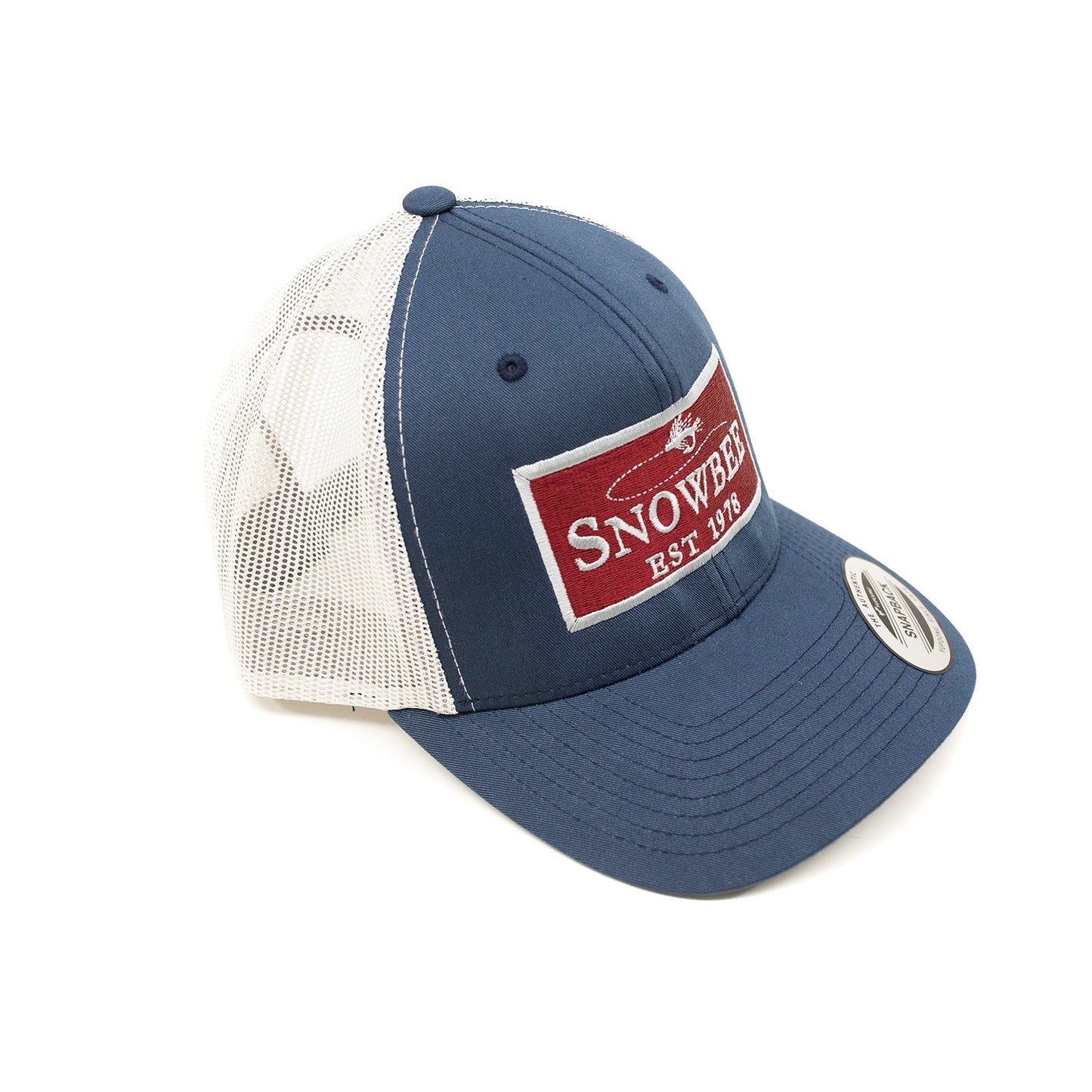 Silver/Blue Fly Badge Retro Trucker Hat by Snowbee USA